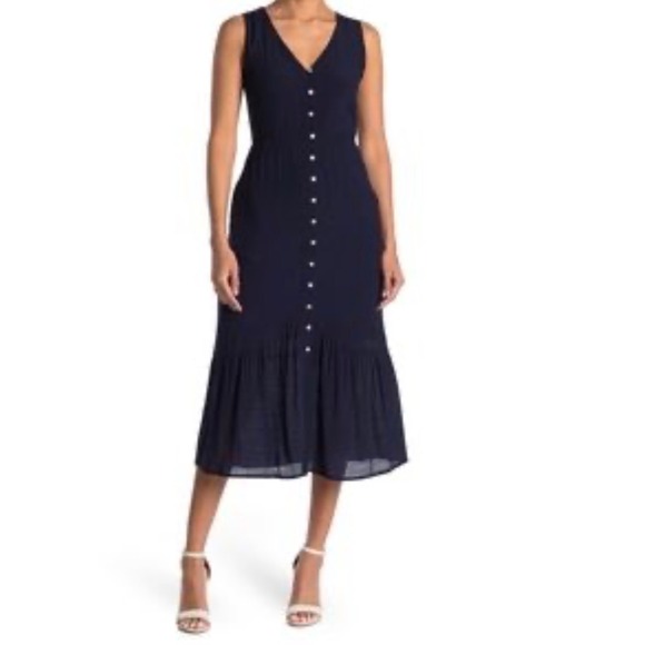 Nanette Lepore Dresses & Skirts - Nanette Lepore Navy Blue Button Front Midi Dress Sleeveless V-Neck Size 10 Clhic
